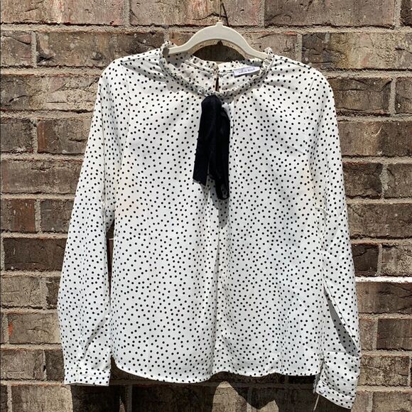 Take 50% OFF- White Birch Black Polka Dot Ruffle Blouse, Size-S - Picture 1 of 9